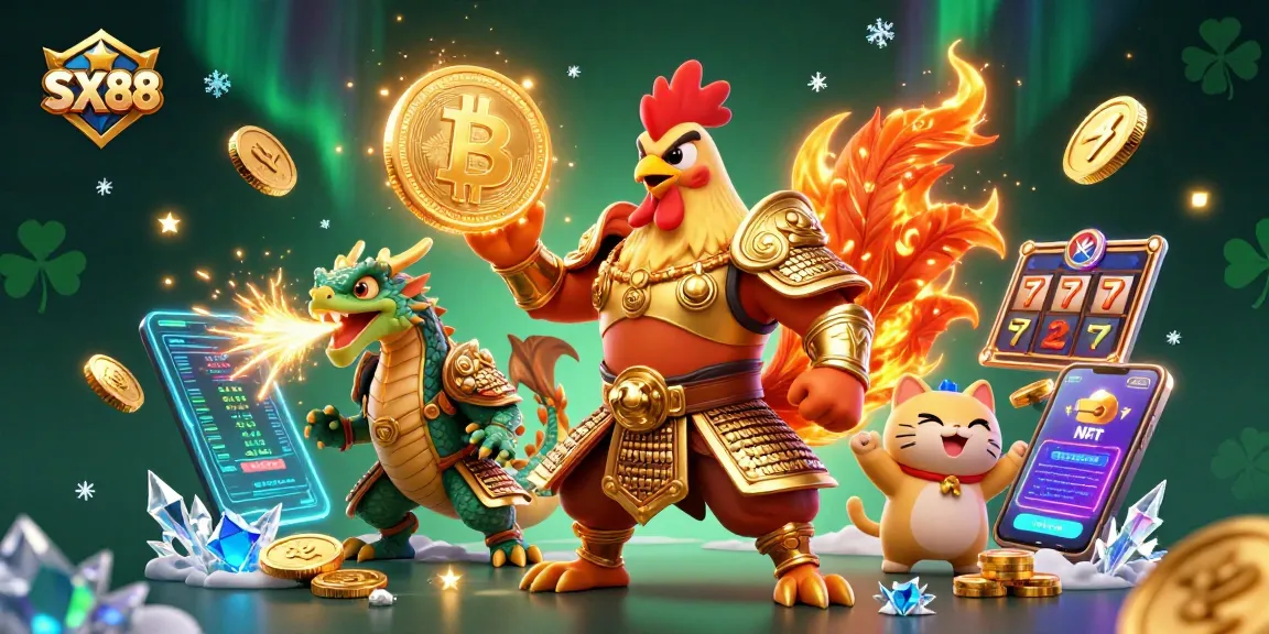 SX88 offers a vibrant casino adventure with a rooster warrior and dragon, amidst slot game elements.