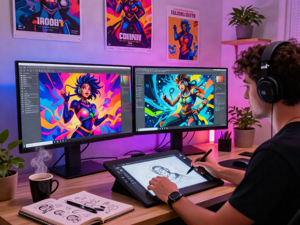 Dynamic artist creating nsfw ai visuals in a vibrant digital studio.