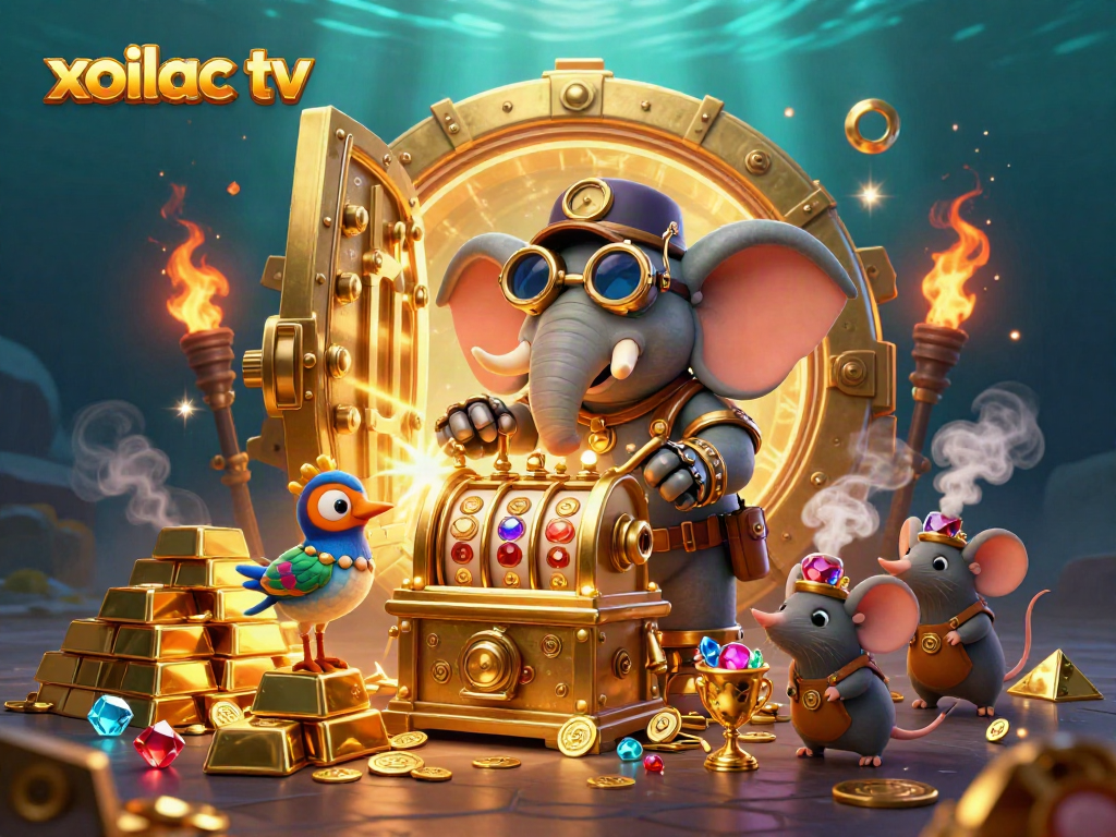 Xoilac TV features a steampunk elephant engineer spinning a golden slot machine, radiating winnings.