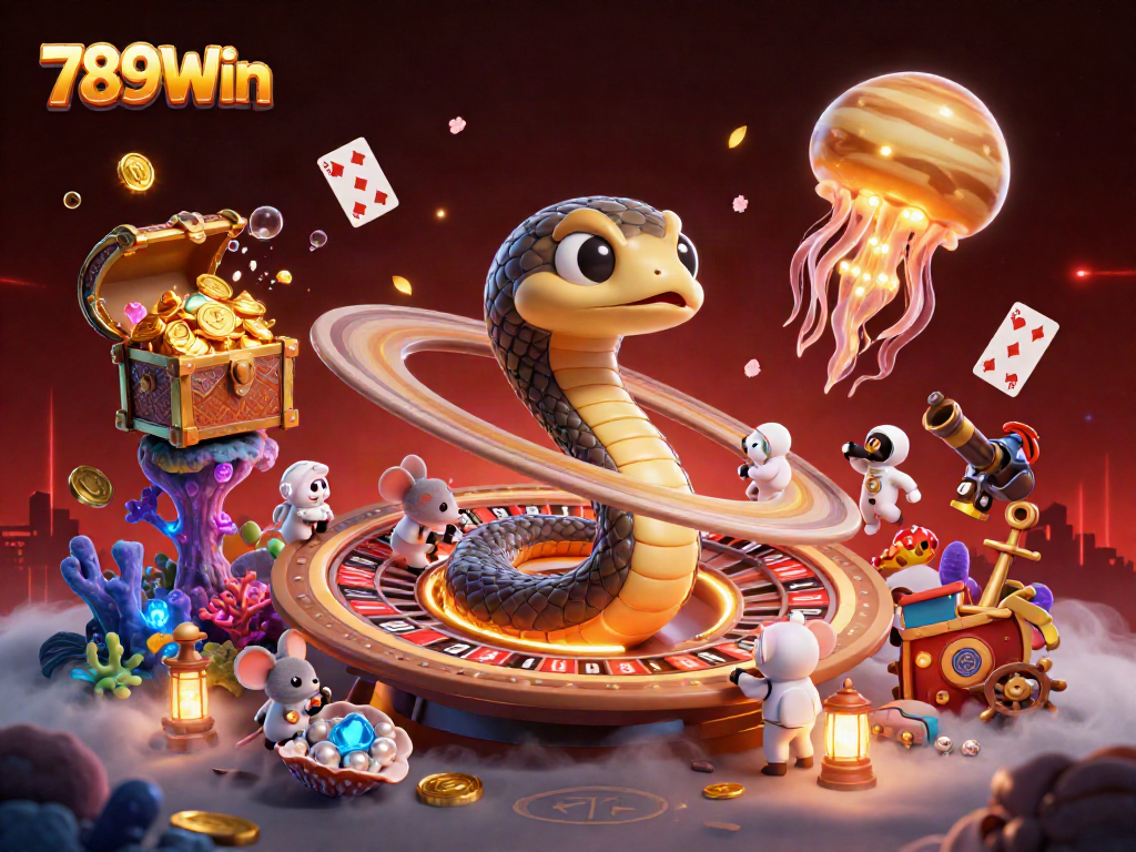 Engaging scene at 789Win with cartoon characters betting on a roulette wheel and a cosmic dealer.
