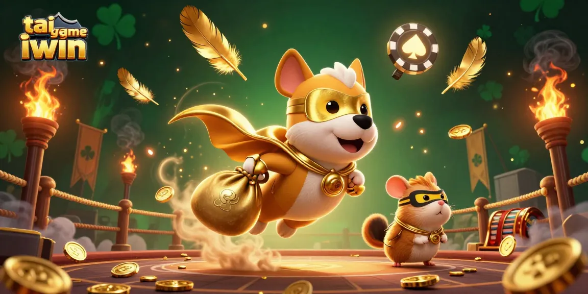 Win at tai game iwin with a fun illustration of a superhero dog and his sidekick in a casino
