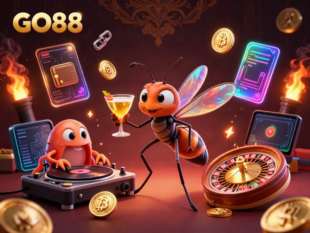GO88 casino mascot with amber mosquito and trilobite DJ, promoting online gaming excitement.