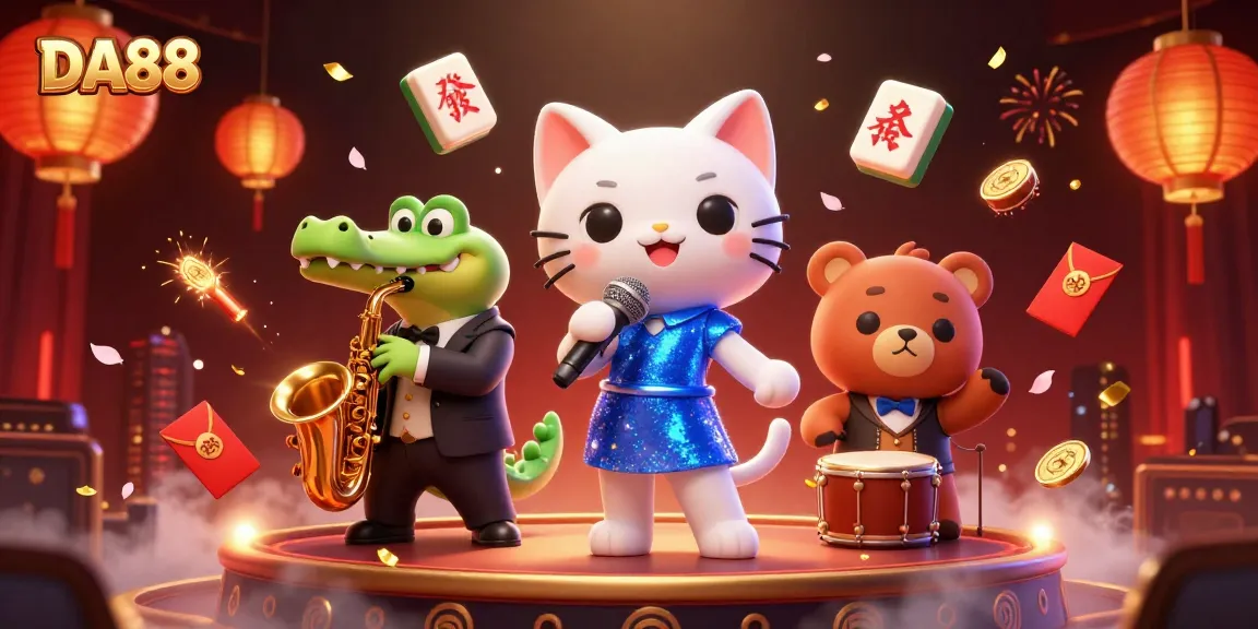 Experience the excitement of DA88 with a vibrant casino scene featuring a jazz-singer cat, a saxophone crocodile, and a drum bear.