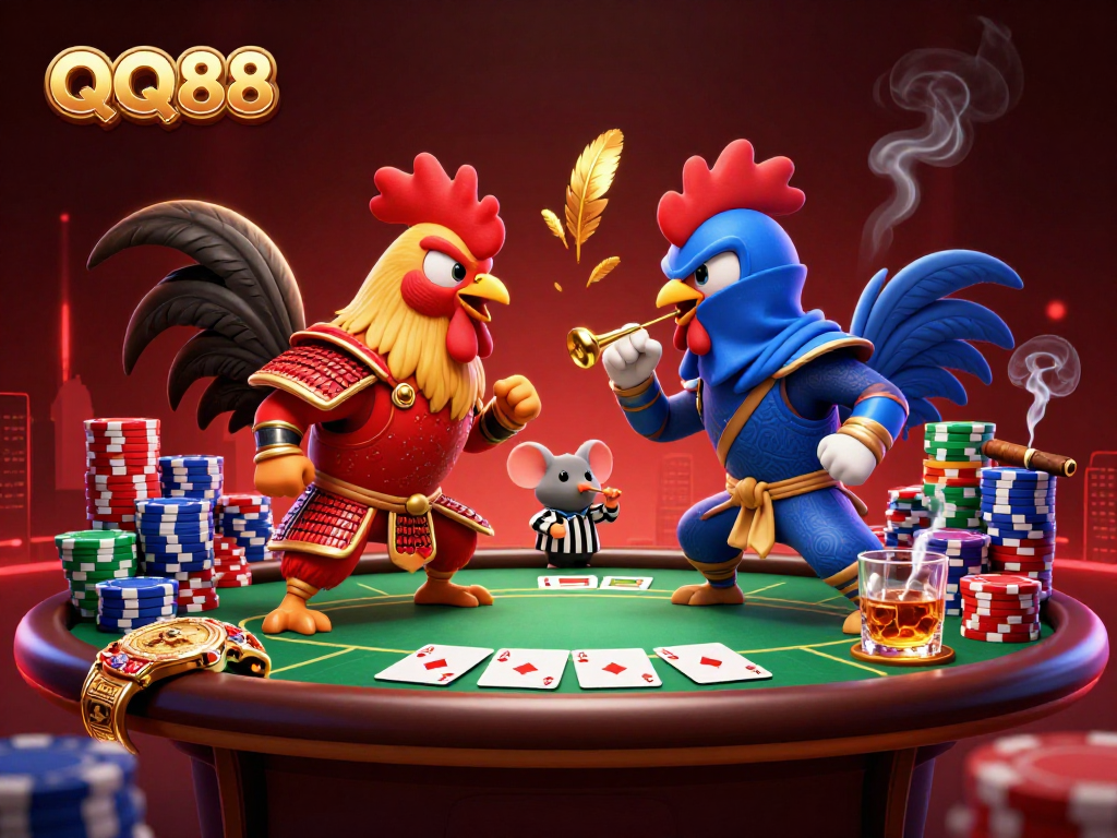 Bet on QQ88 with cartoon fighting roosters in a rich, dramatic 3D gaming scene.