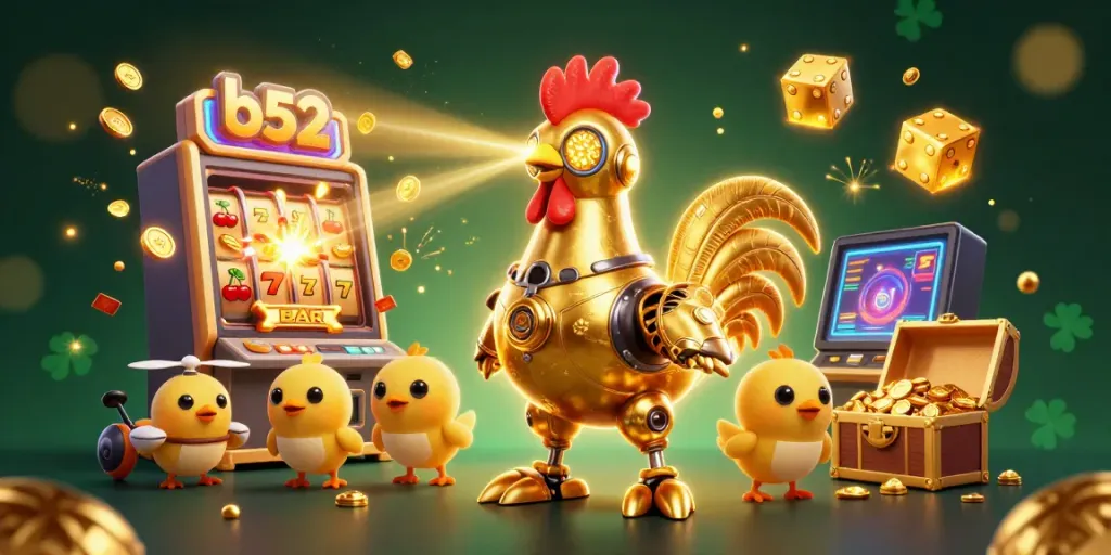 Join the b52 golden rooster robot and baby chick drones in a vibrant casino jackpot scene!