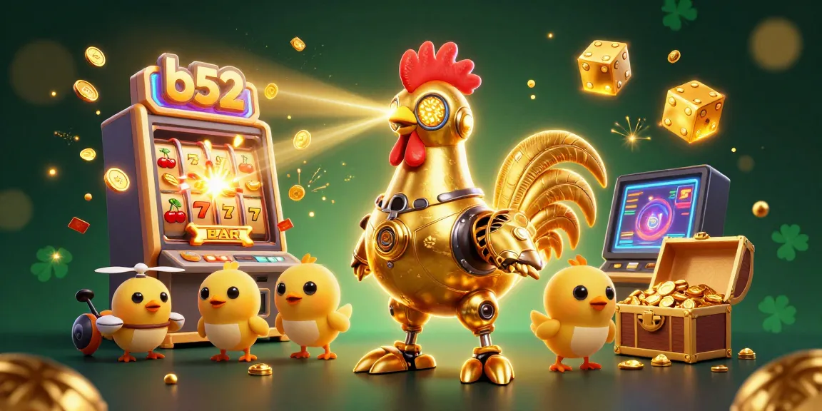 Join the b52 golden rooster robot and baby chick drones in a vibrant casino jackpot scene!
