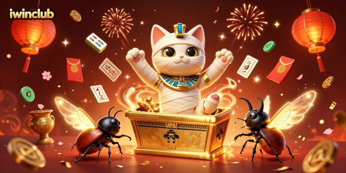 Win big at iwinclub with a lively scene of a mummy cat celebrating in a pyramid casino!
