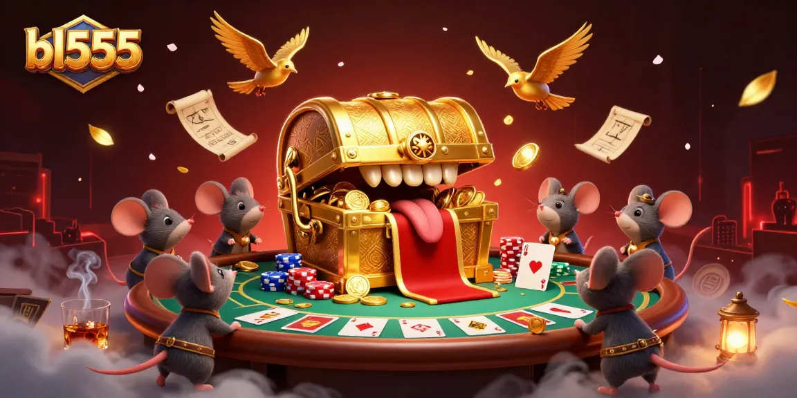 bl555 showcases a vibrant 3D casino scene featuring a golden treasure chest and vibrant poker elements.