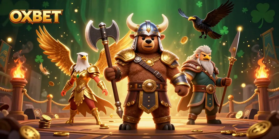 Experience OXBET's thrilling gaming with a dynamic Viking and Valkyrie as they battle in a rich casino arena.
