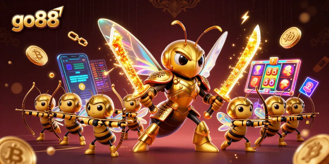 Engage with go88's thrilling jackpot experience alongside a samurai hornet animated within a vibrant casino scene.
