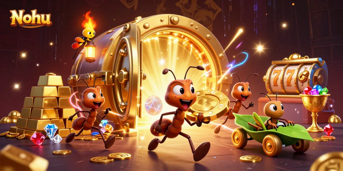 Nohu slot game heist scene with ants, poker chips, and treasure elements in vibrant detail