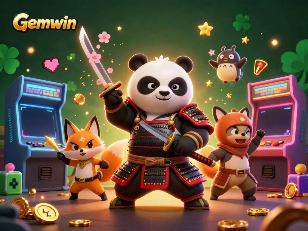 Engage with Gemwin's exhilarating gaming scene featuring dynamic characters and vibrant arcade elements.