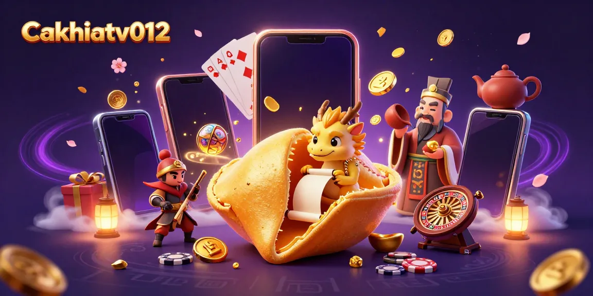 Cakhiatv012 showcases a vibrant casino scene with golden fortune cookie characters and gaming elements.
