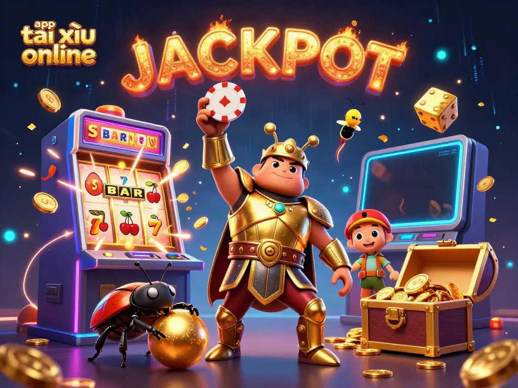 Celebrate your wins with app tài xỉu online, showcasing vibrant casino elements and cartoon characters.