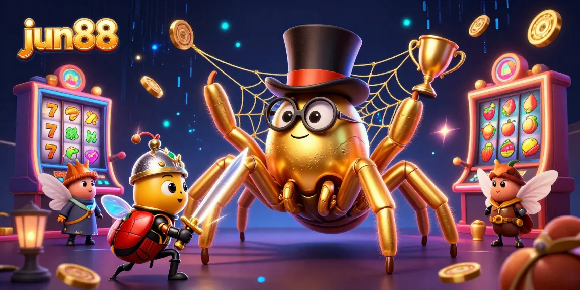 Engage in action at jun88 with a golden tarantula spinning a jackpot web in an animated casino.