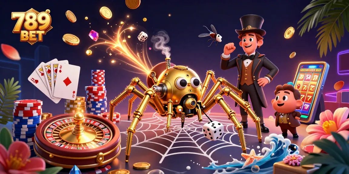 Experience the excitement of 789 BET with a 3D scene of a steampunk spider and dynamic casino elements.