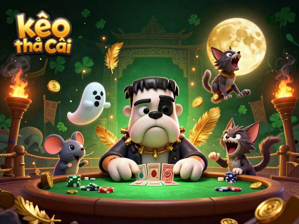 Engage in strategic betting with kèo nhà cái as a playful cartoon bulldog deals cards in a vibrant casino atmosphere.