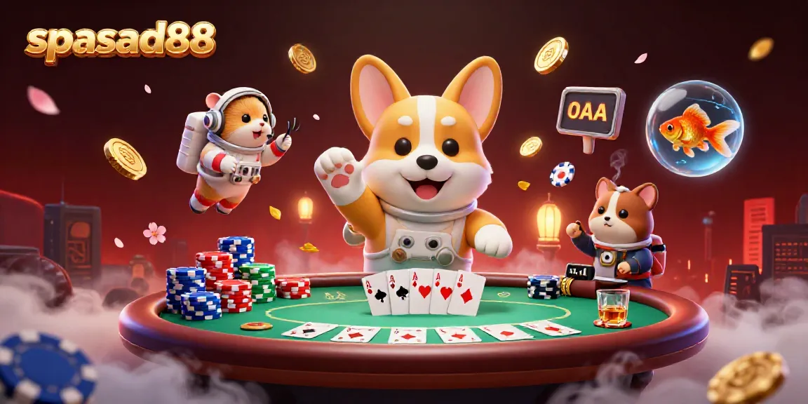 Experience fun with spasad88 in a vibrant, ultra-detailed cartoon casino scene filled with dynamic gaming elements