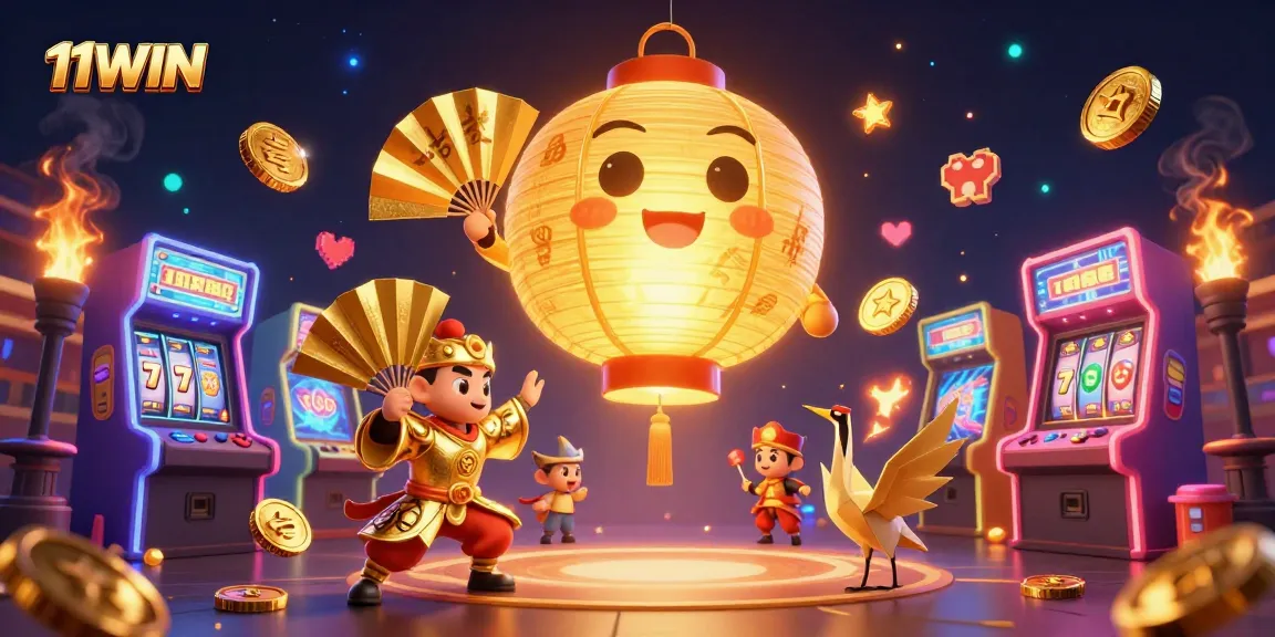 Join the magical world of 11WIN with vibrant casino elements, floating lanterns, and dynamic arcade games.