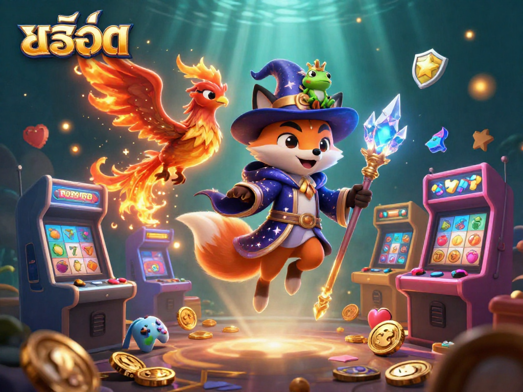 Experience thrilling สล็อต gaming with a wizard, phoenix, and enchanted symbols in a vibrant scene.