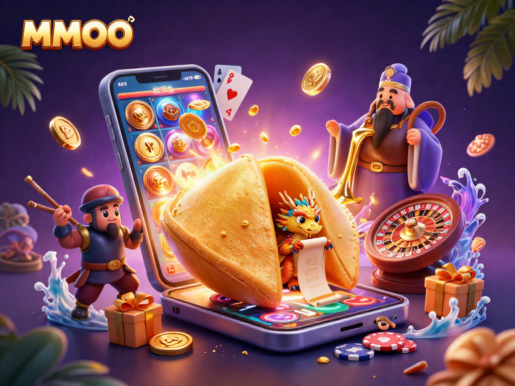 Play interactive games with MMOO, featuring a vibrant casino scene and lively character interaction.