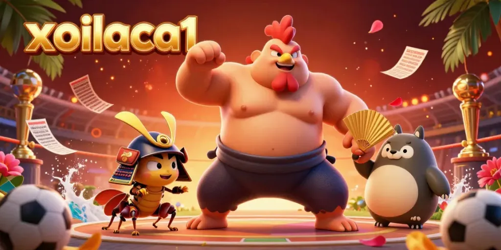 Experience thrilling sports betting at xoilaca1 with a dynamic illustration of characters and game elements.