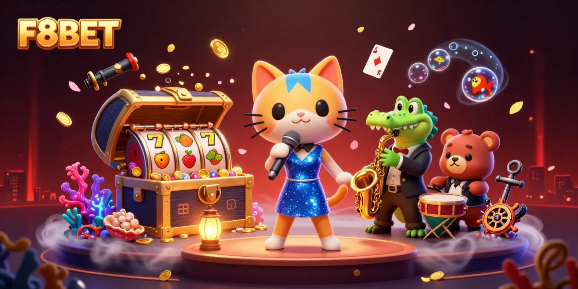 Delight in vibrant F8BET casino energy with a jazz-singer cat and dynamic animal characters.