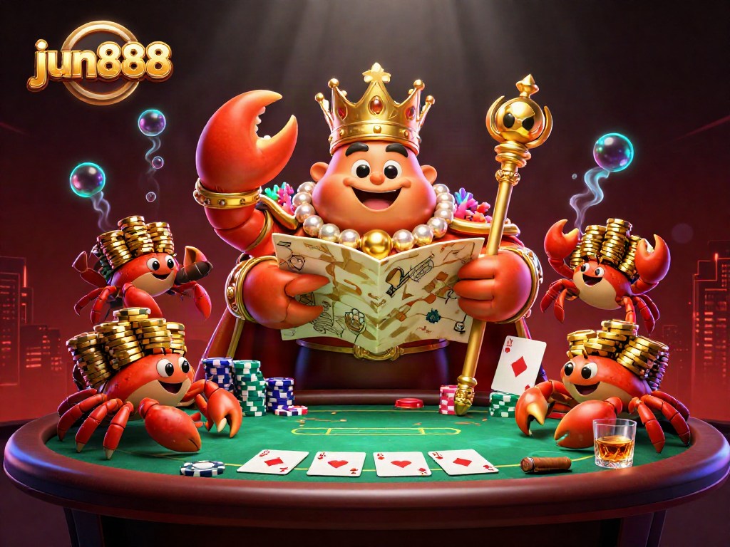 Play engaging games at jun888, featuring a majestic crab emperor and vibrant poker elements.