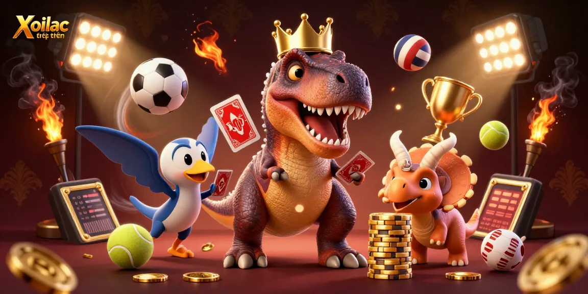 Experience thrilling moments with Xoilac trực tuyến featuring a T-Rex shuffling cards and vibrant sports elements.