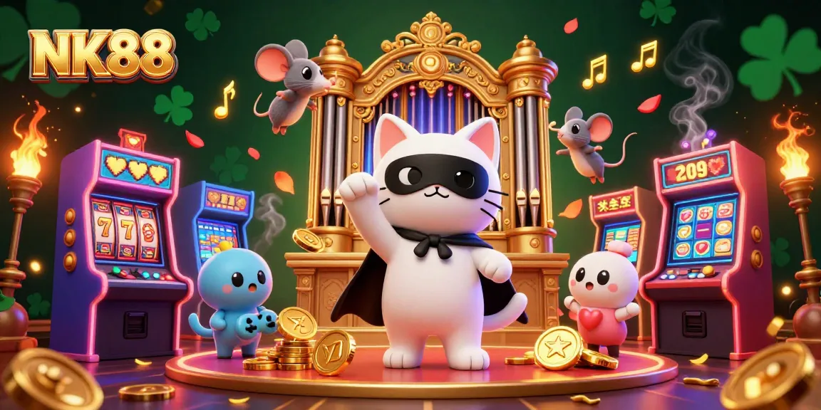 Experience thrilling slots at NK88 with a phantom cat and mouse acrobat amidst glowing arcade machines.