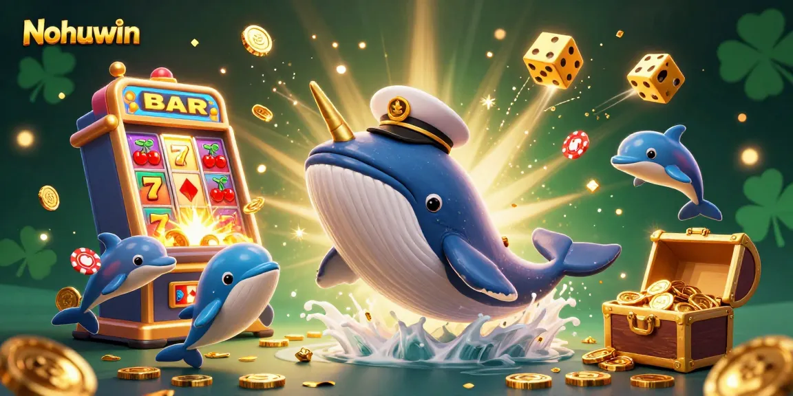 Nohuwin casino scene showcasing a cartoon whale soaring through coins, vibrant slot games, and cheerful dolphins.