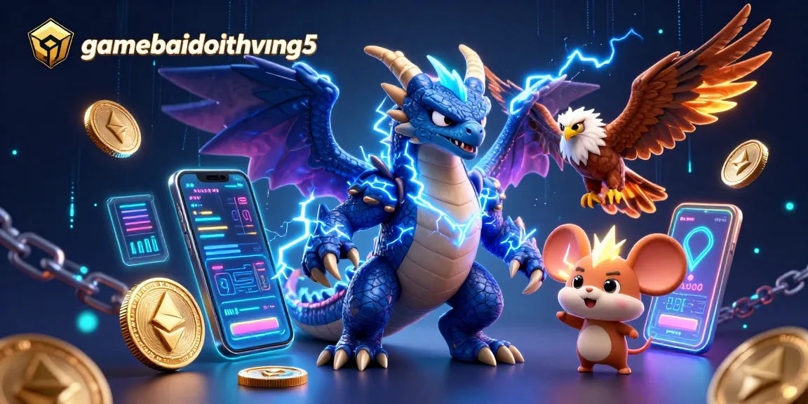 Experience thrilling gameplay at gamebaidoithuong5 with dynamic characters and crypto elements in a vibrant casino scene.
