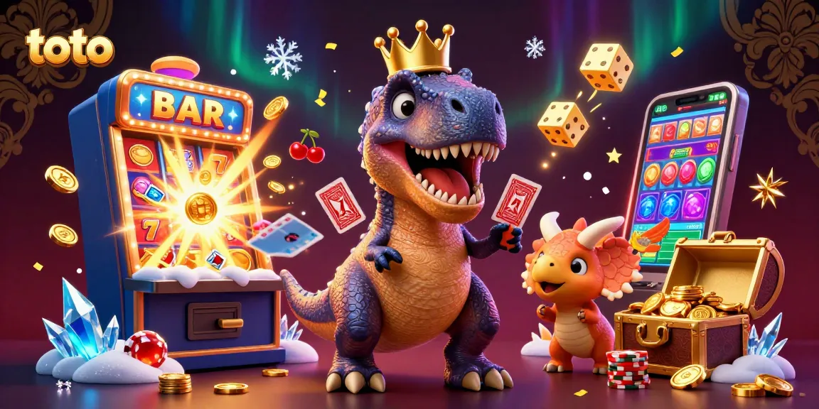 Experience thrilling toto gameplay with T-Rex shuffling cards and friends stacking chips in a vibrant casino.