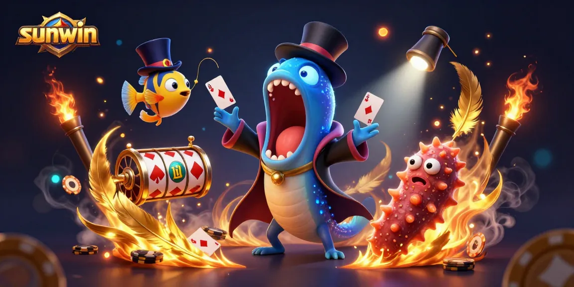 Experience the magic of sunwin with a fun 3D illustration showcasing casino characters and gambling elements