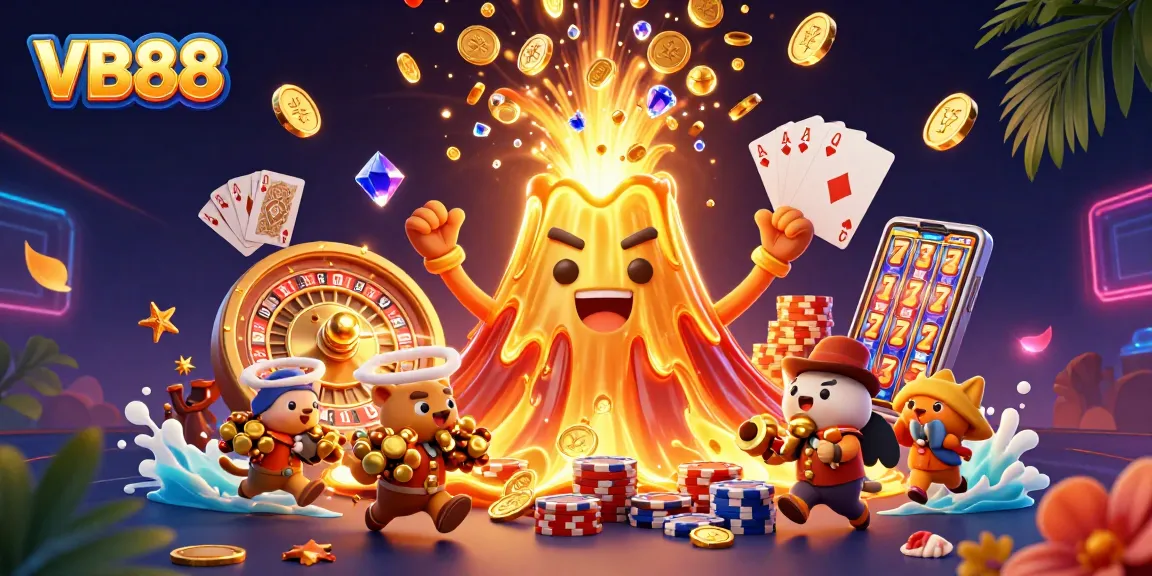 Experience exciting gameplay with VB88, featuring a triumphant golden volcano erupting coins in a vibrant casino scene.
