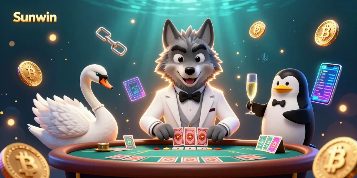 Experience the excitement of Sunwin with our elite gaming characters at a baccarat table amidst vibrant casino elements.