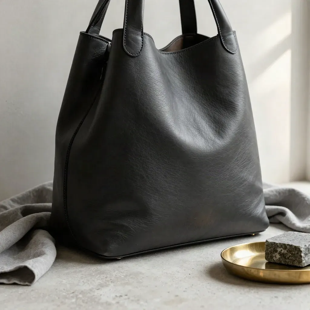 Top-down macro of a black leather tote with linen, brass tray, and stone