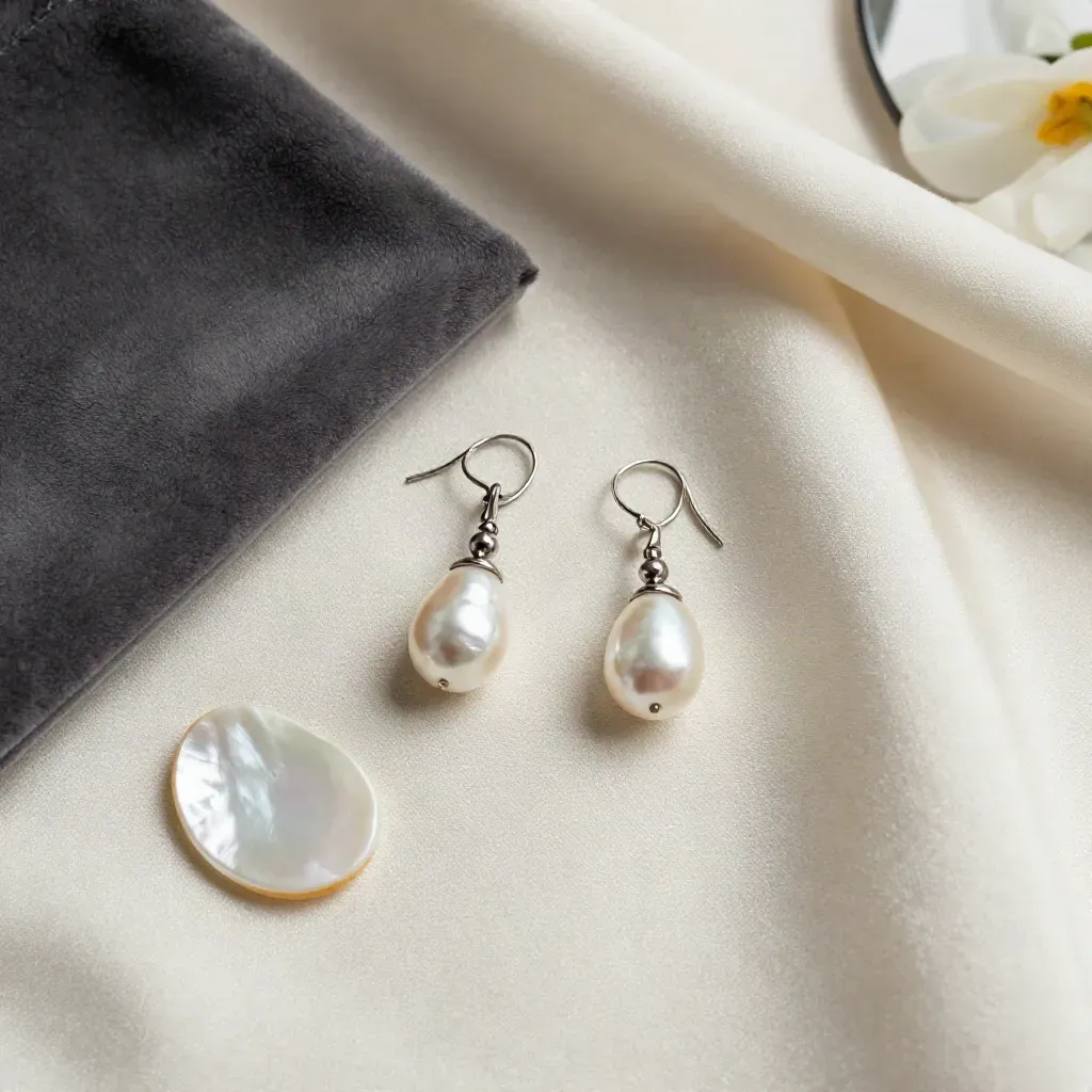 Top-down pearl drop earrings on ivory silk with velvet pouch, mother-of-pearl shard and mirror edge.