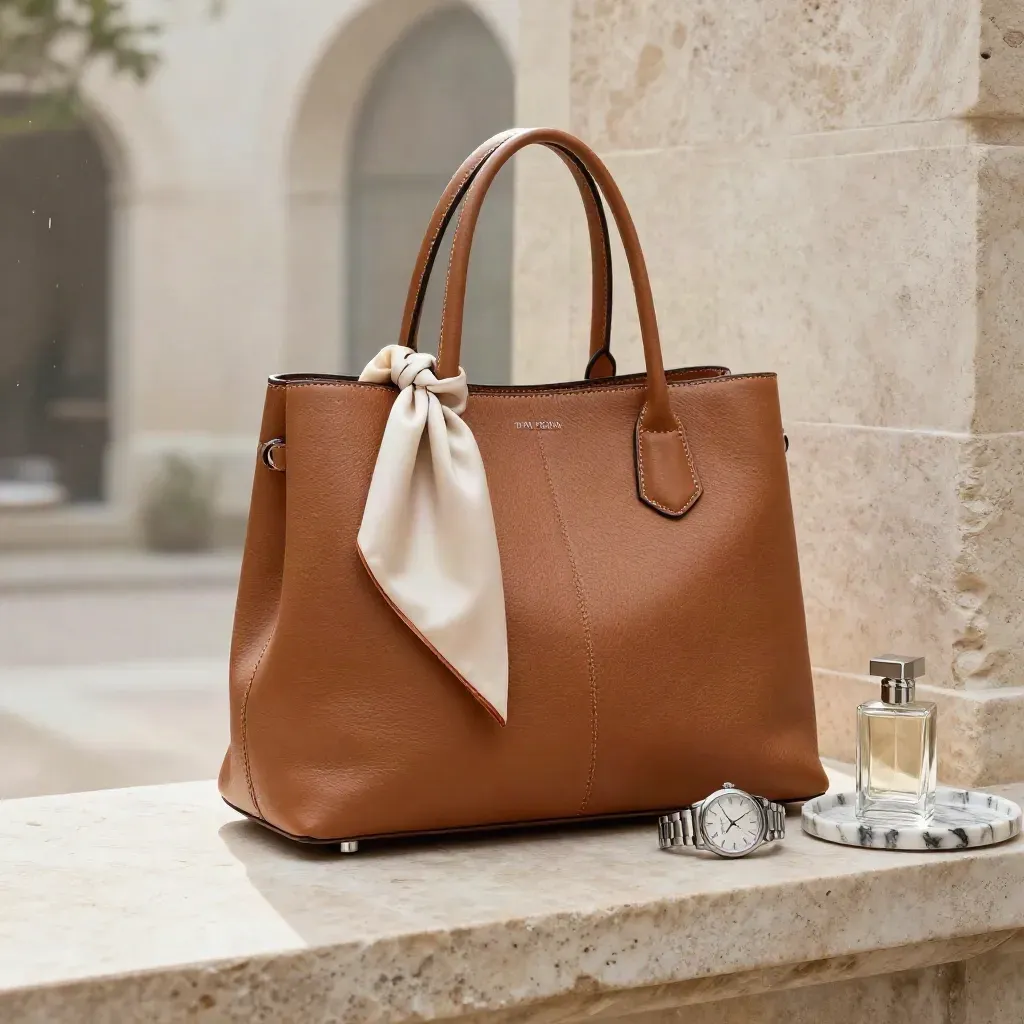 Tan leather tote on stone ledge with scarf, watch, fragrance bottle and marble tray