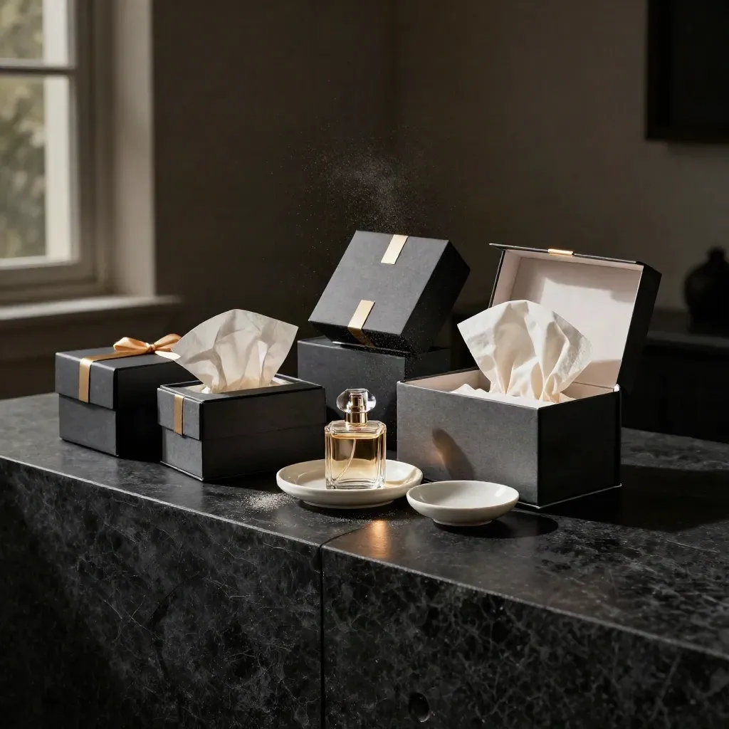 Open gift sets with tissue, ceramic dish and gold accents on a black stone console.