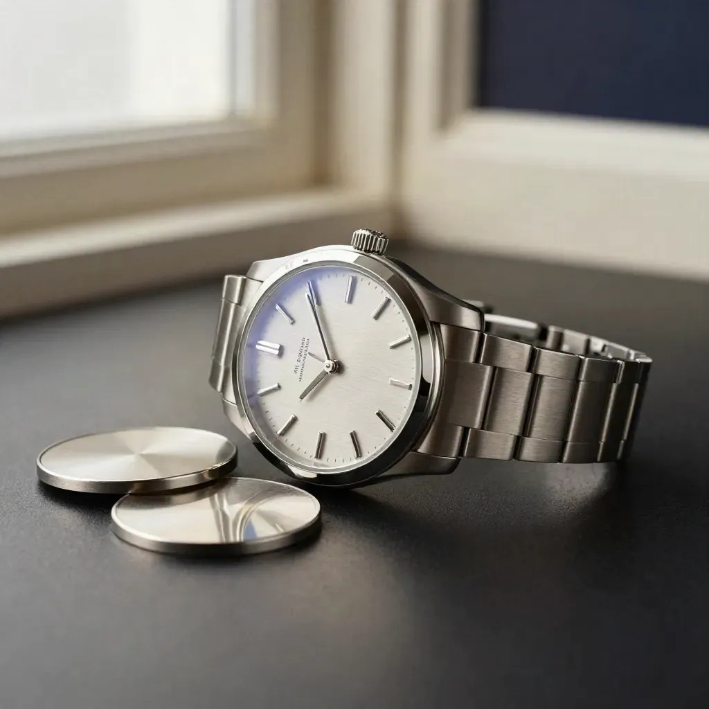 Brushed steel watch with open clasp and metal discs on a pale plinth
