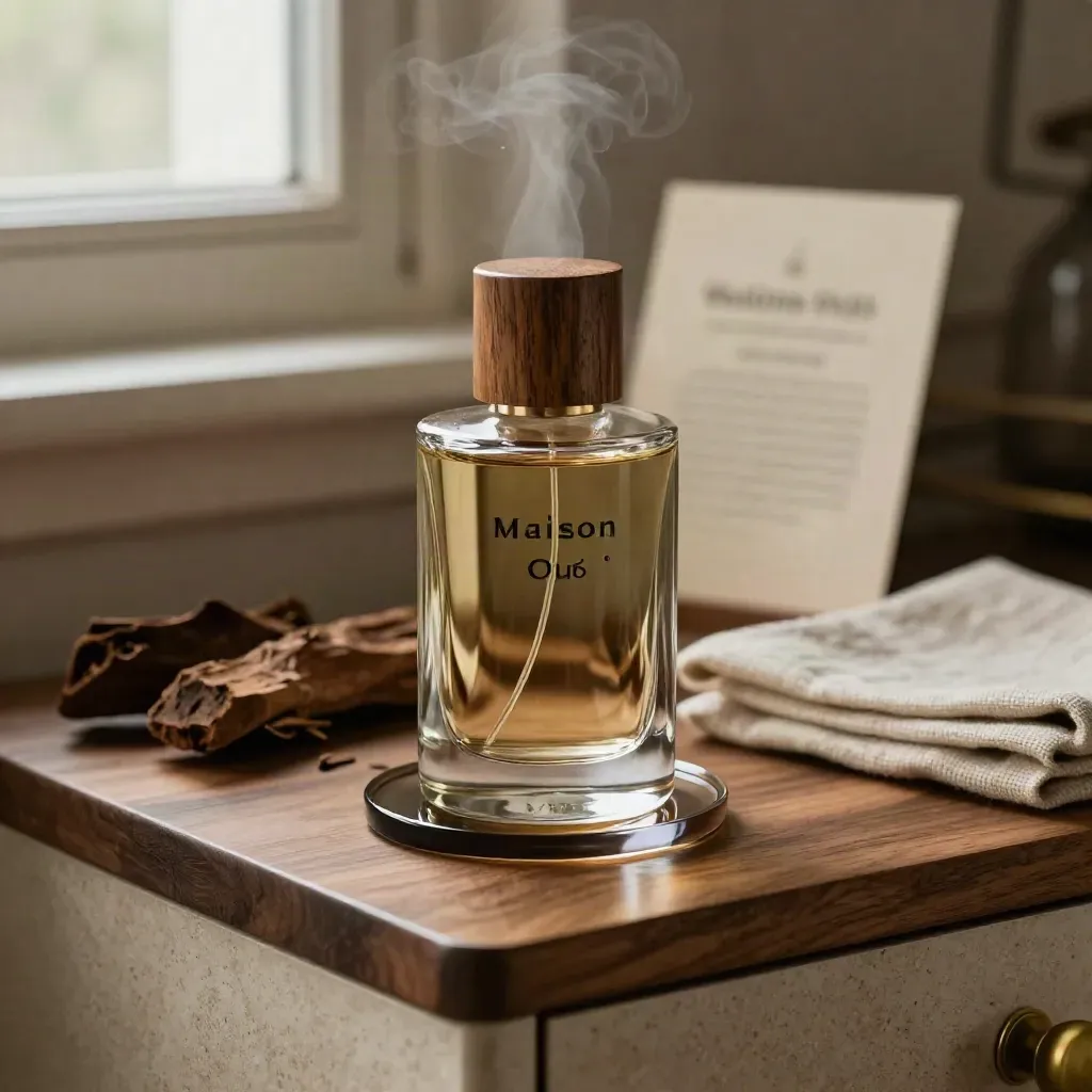 Maison Oud Parfum bottle on cedar chips with linen and smoked glass in warm misty light
