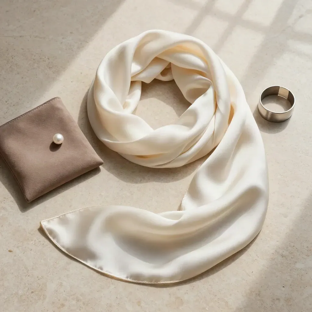 Overhead flatlay of an ivory silk scarf with suede pouch, pearl pin and brushed cuff