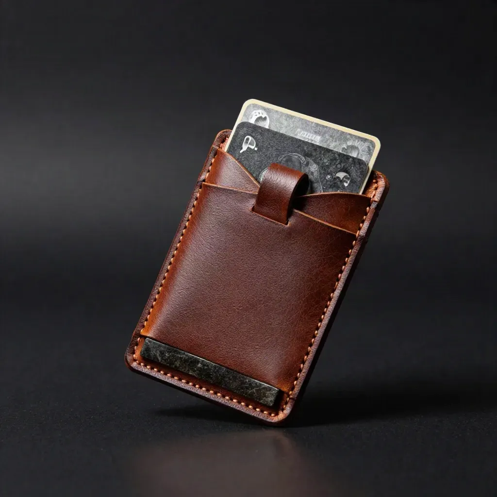 Grained leather card holder with face-down cards, key fob, and stone strip