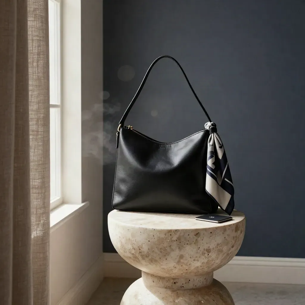 Black leather shoulder bag with scarf and card case beside a travertine stool in soft daylight