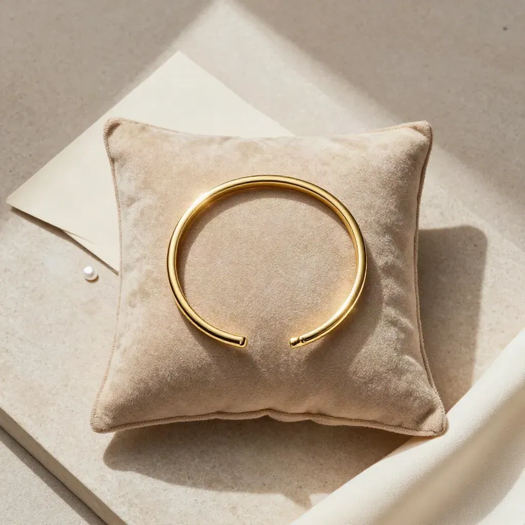 Overhead gold bangle, suede pillow, pearl chip and ivory cloth on pale stone