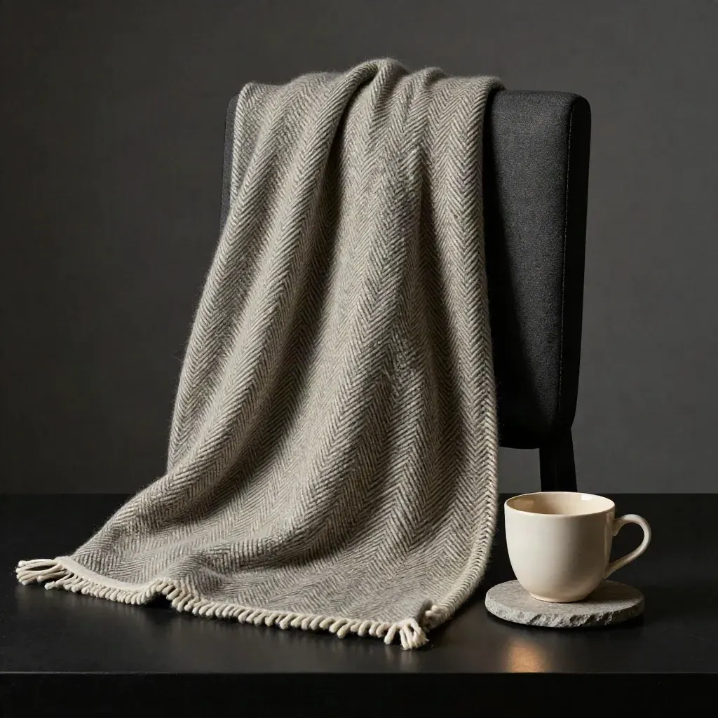 Herringbone wool throw draped over a sculpted chair with a cup and stone coaster.