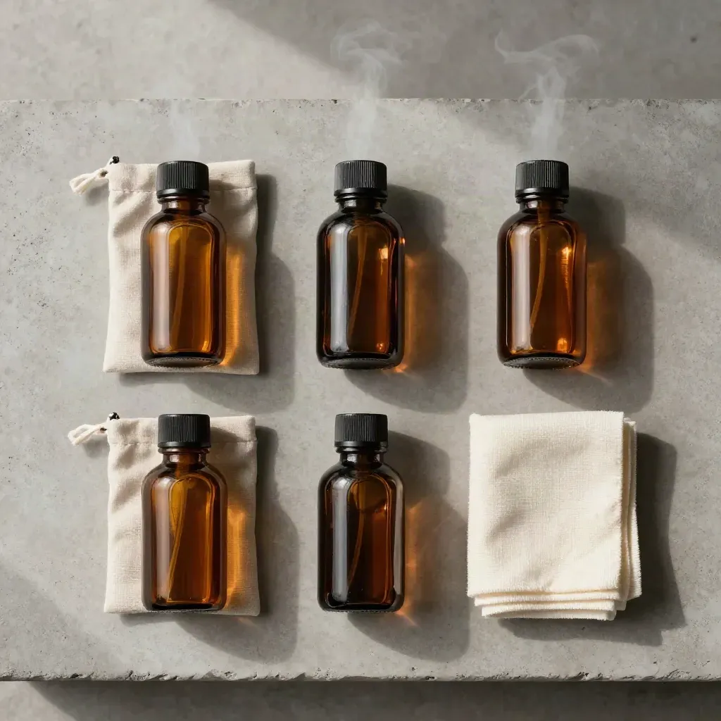Overhead flat lay of three amber travel bottles, a linen pouch, and folded cloth on concrete.