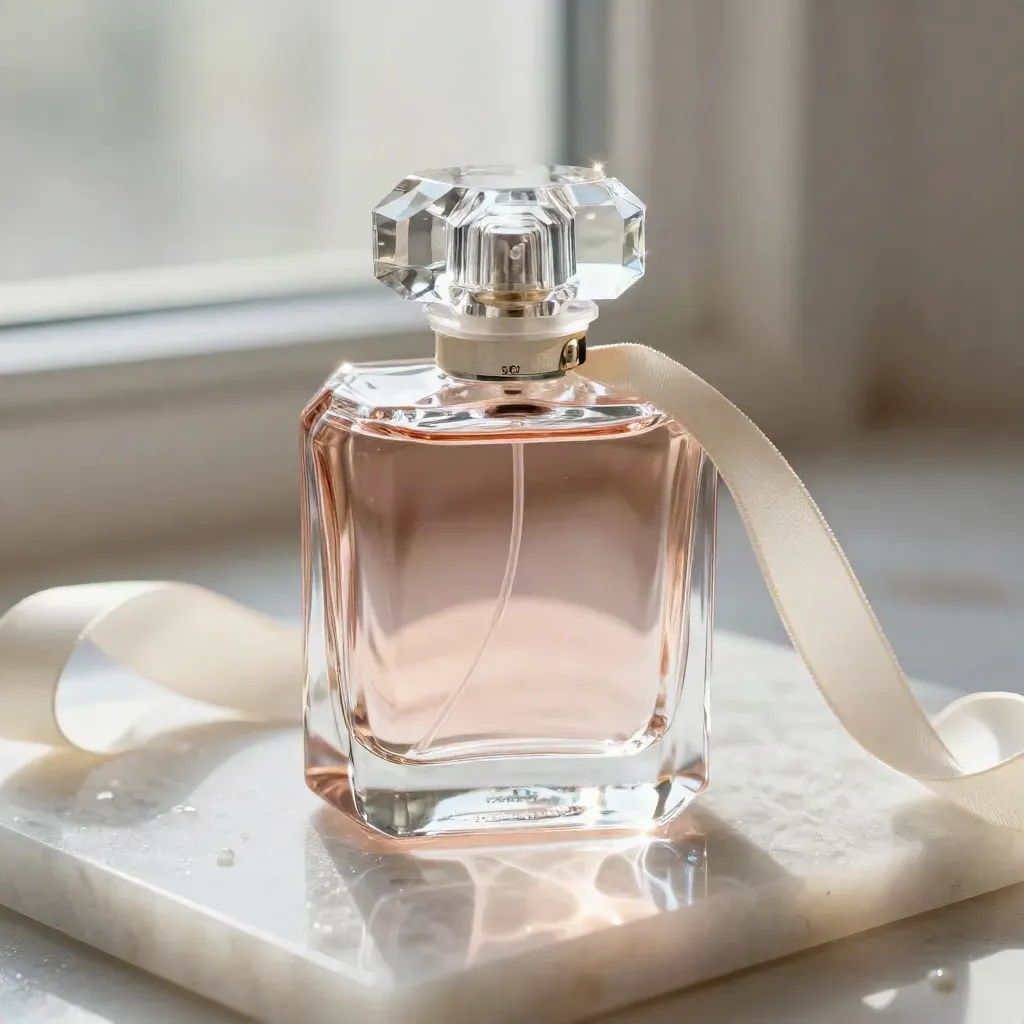 Rose-tinted perfume bottle with cap, ribbon loop and glass shard in luminous macro close-up.