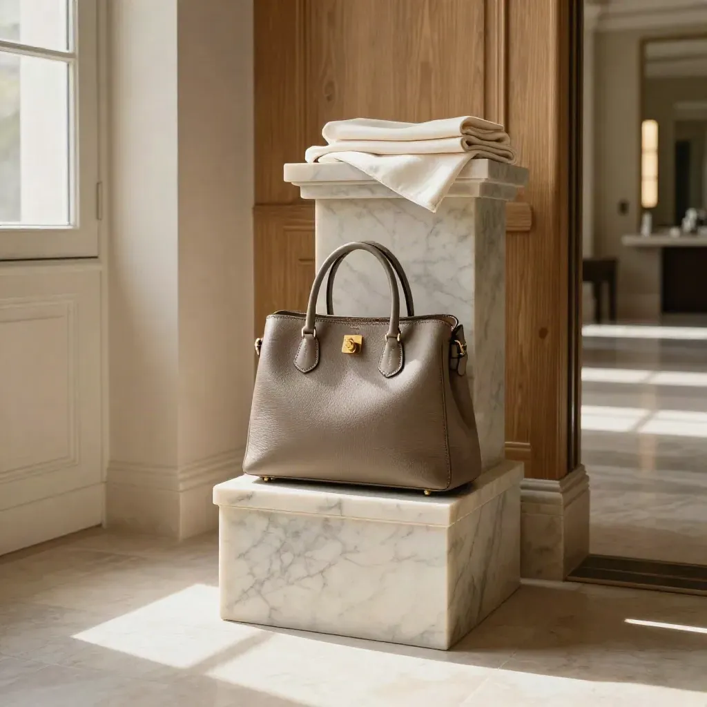 Taupe handbag on an ivory marble pedestal in a sunlit oak-lined hallway